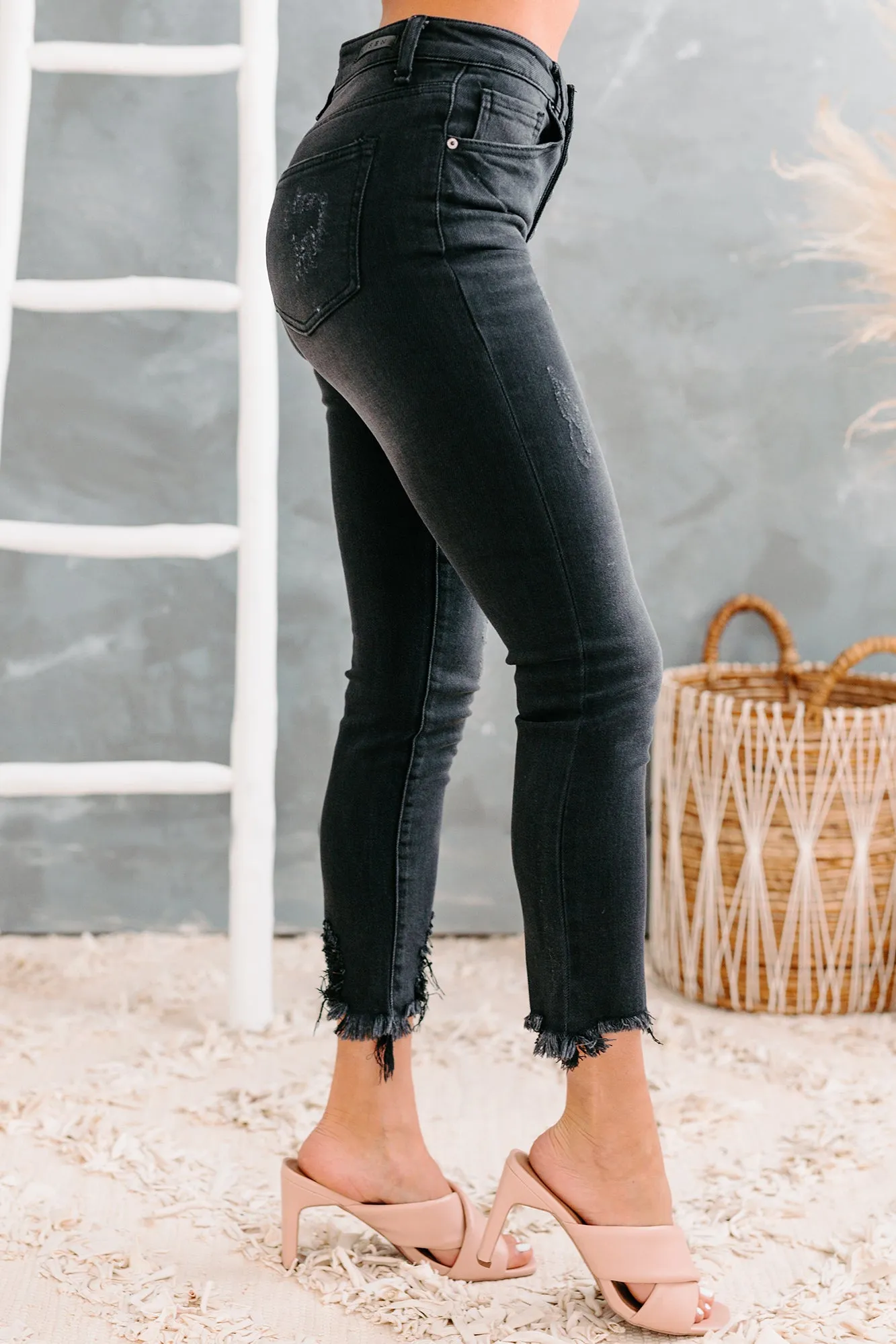 Cambria Mid-Rise Button-Fly Raw Hem Skinny Risen Jeans (Black)