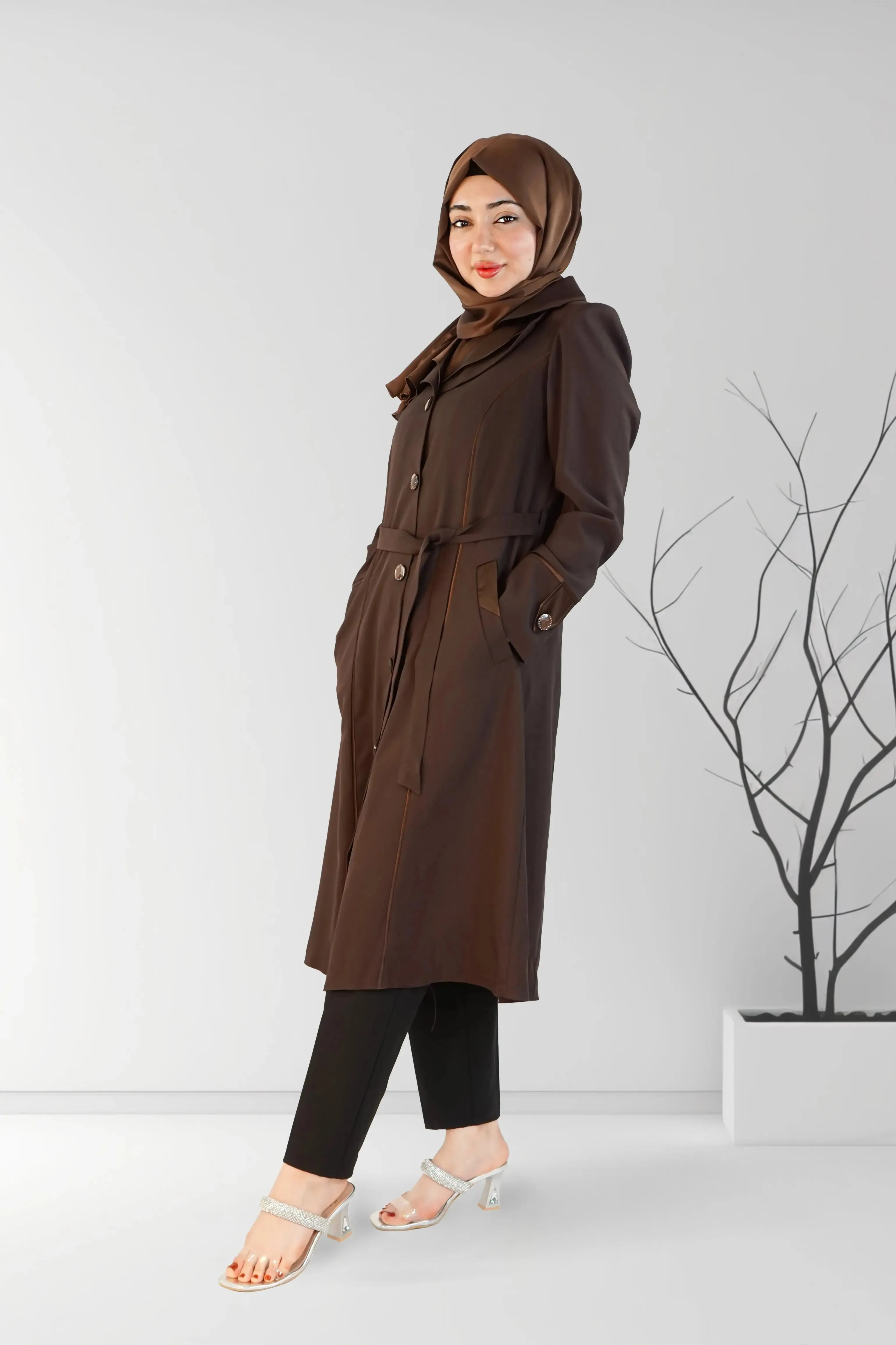 Dark Brown Short Coat with Fancy Button and Pocket