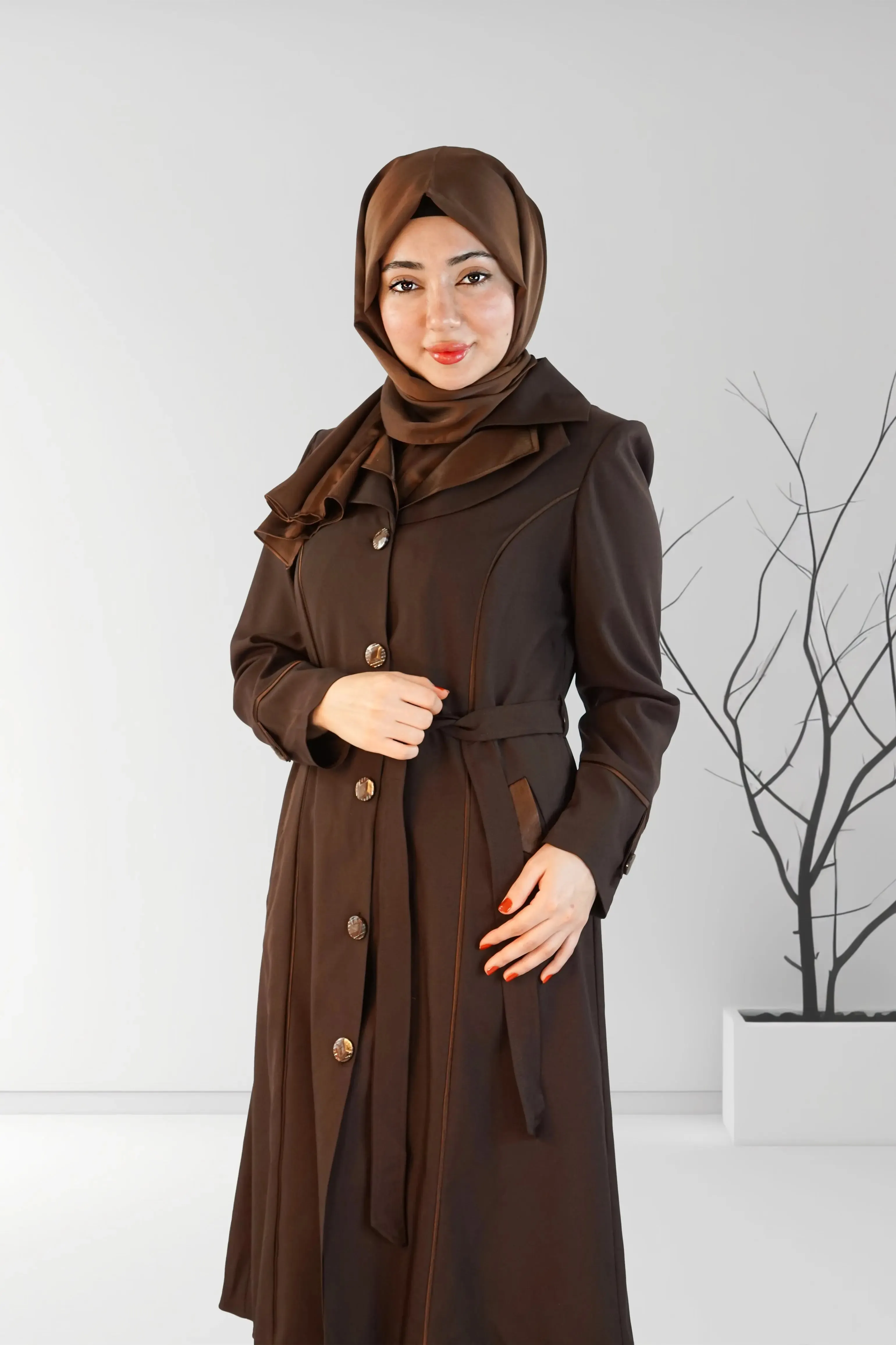 Dark Brown Short Coat with Fancy Button and Pocket