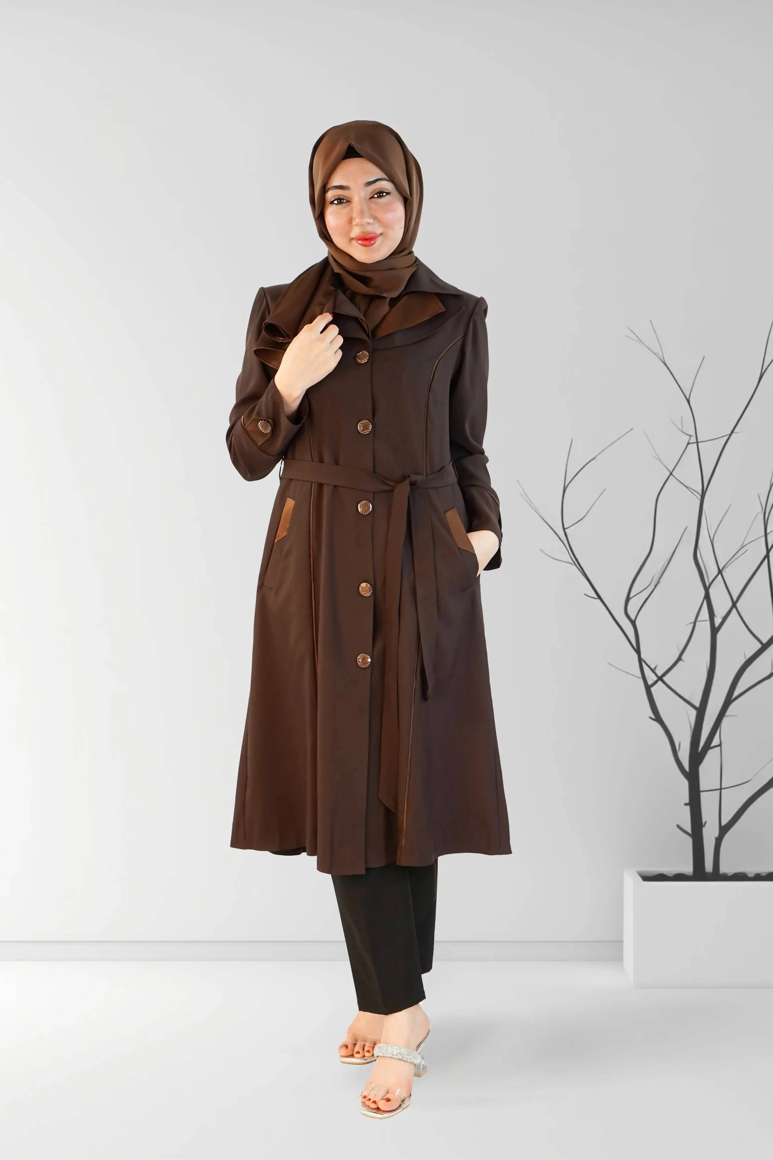 Dark Brown Short Coat with Fancy Button and Pocket