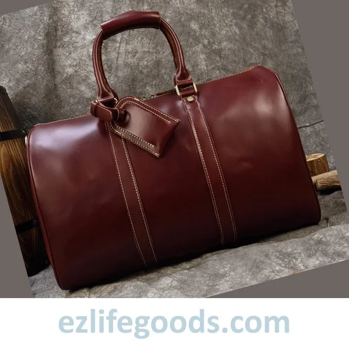 Elegant Polished Genuine Leather Duffle Travel Bag 45 cm in Wine Color Tones