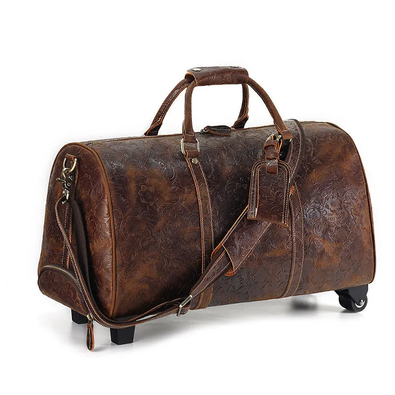 Embossed Leather Duffle Bag with Wheels