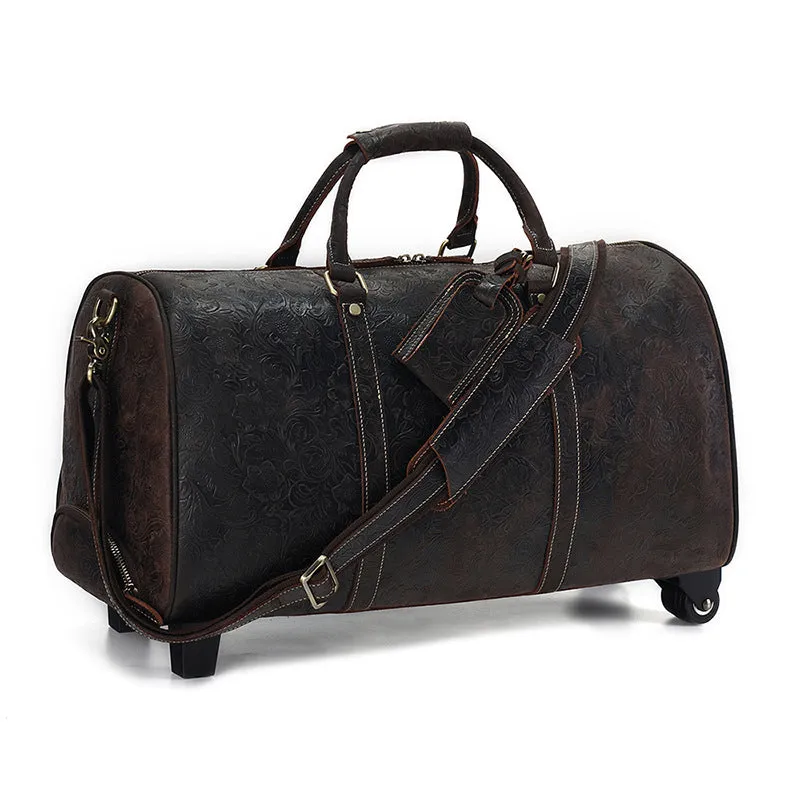 Embossed Leather Duffle Bag with Wheels
