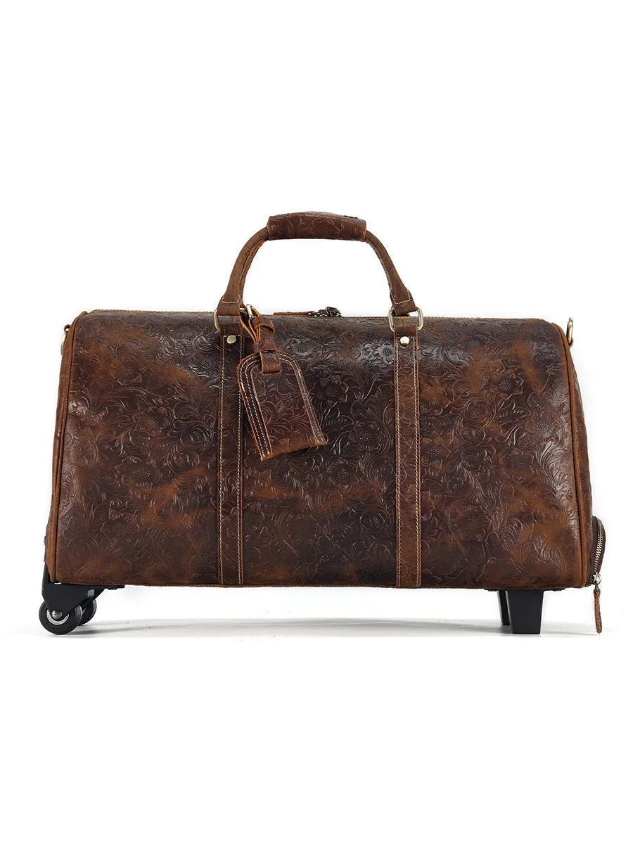 Embossed Leather Duffle Bag with Wheels