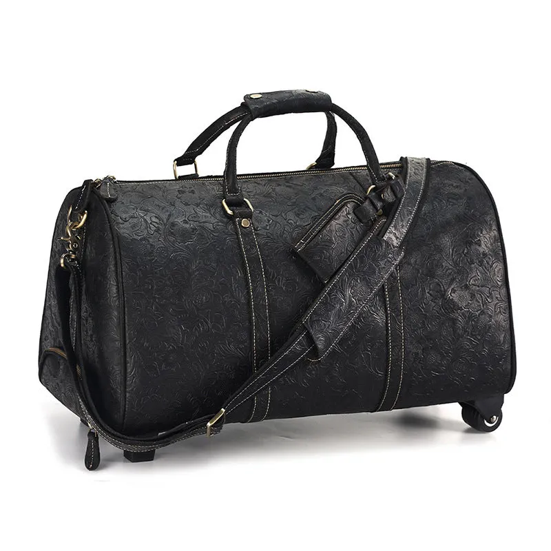Embossed Leather Duffle Bag with Wheels