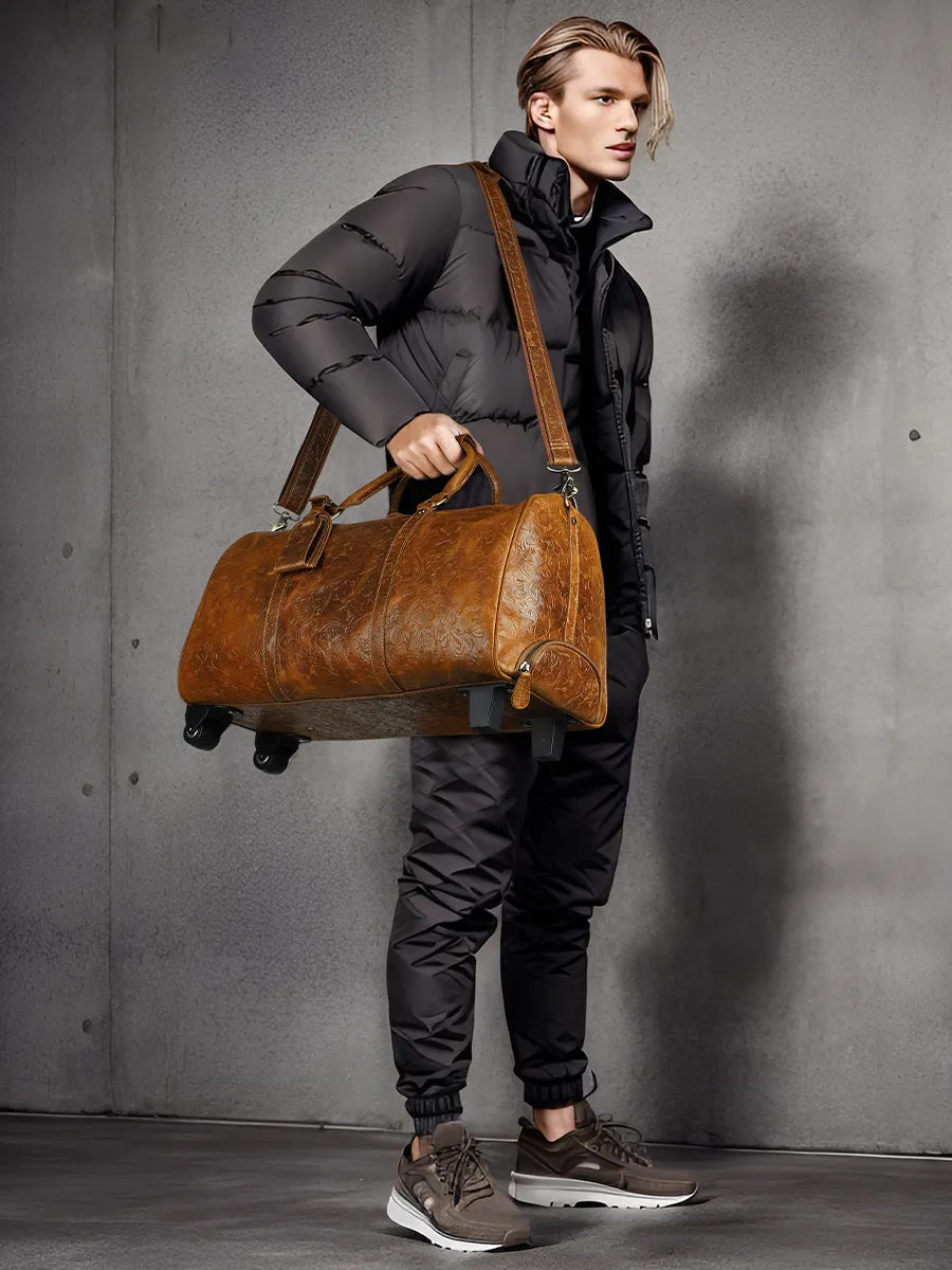 Embossed Leather Duffle Bag with Wheels