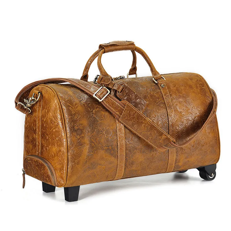 Embossed Leather Duffle Bag with Wheels