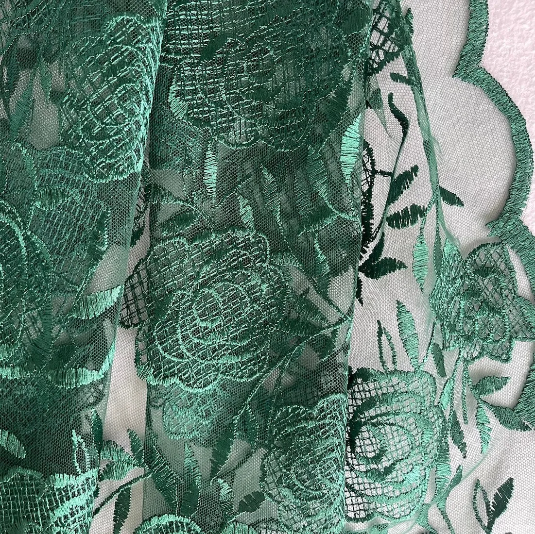 Embroidered Bottle Green Roses Scalloped Lace Fabric (Made in China)