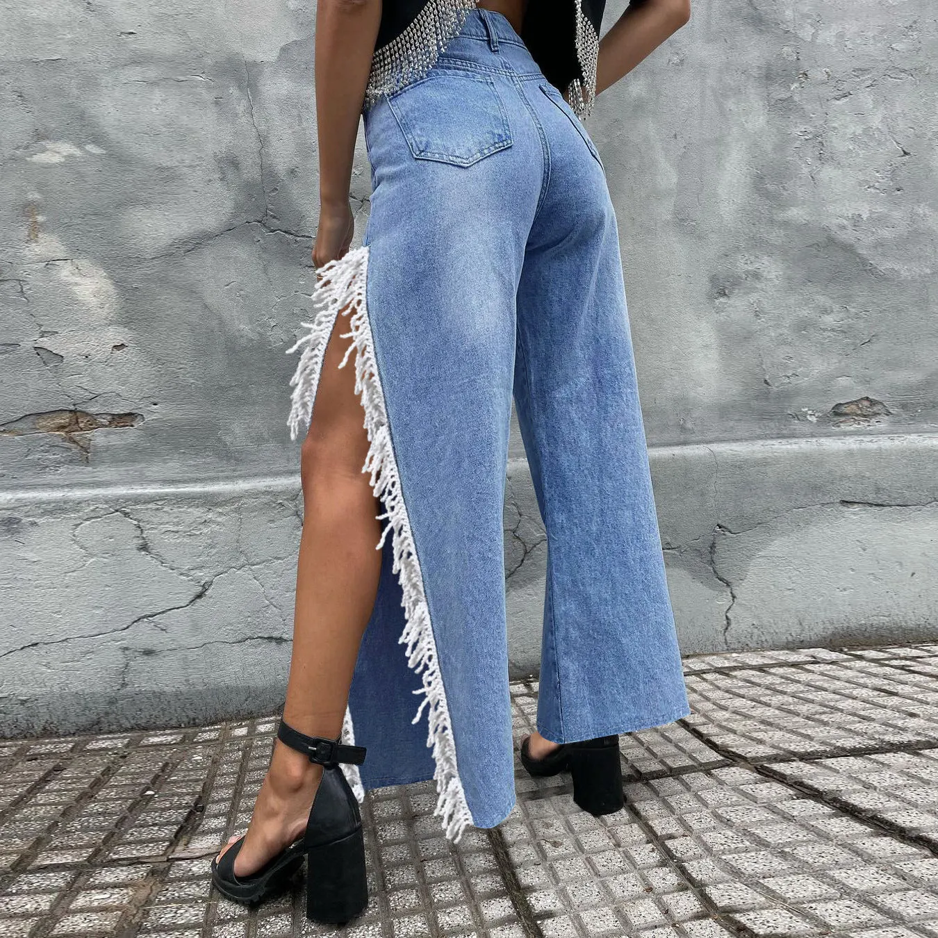 Fashion Fringed Slit Denim Trousers Wide-Leg Pants Wholesale Womens Jeans