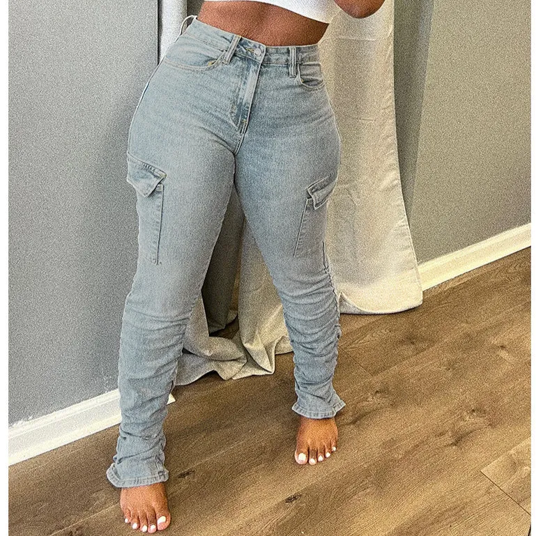 Fashion Pleated Side Pockets Low-Waist Wholesale Jeans