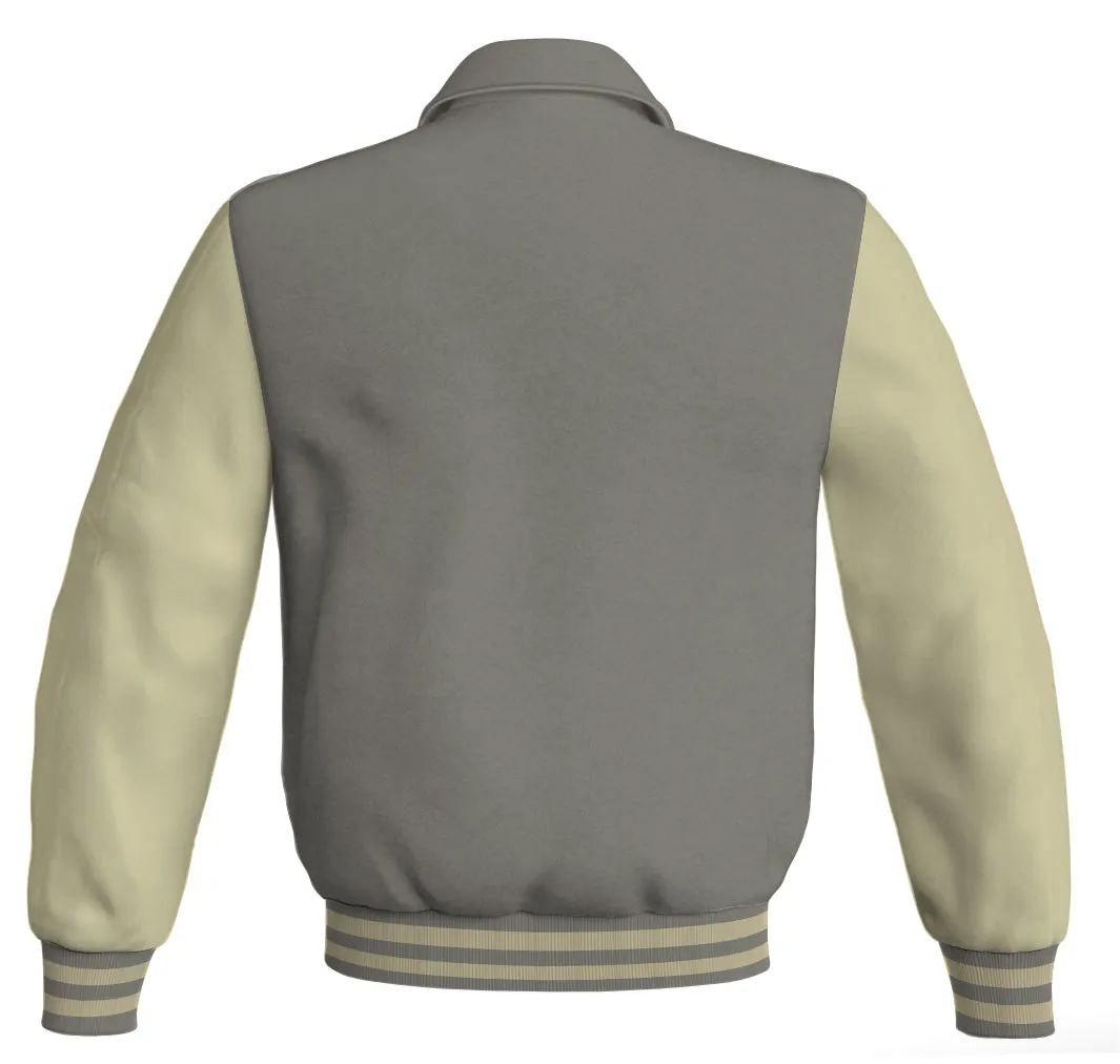 Luxury Bomber Classic Jacket Gray Body and Cream Leather Sleeves