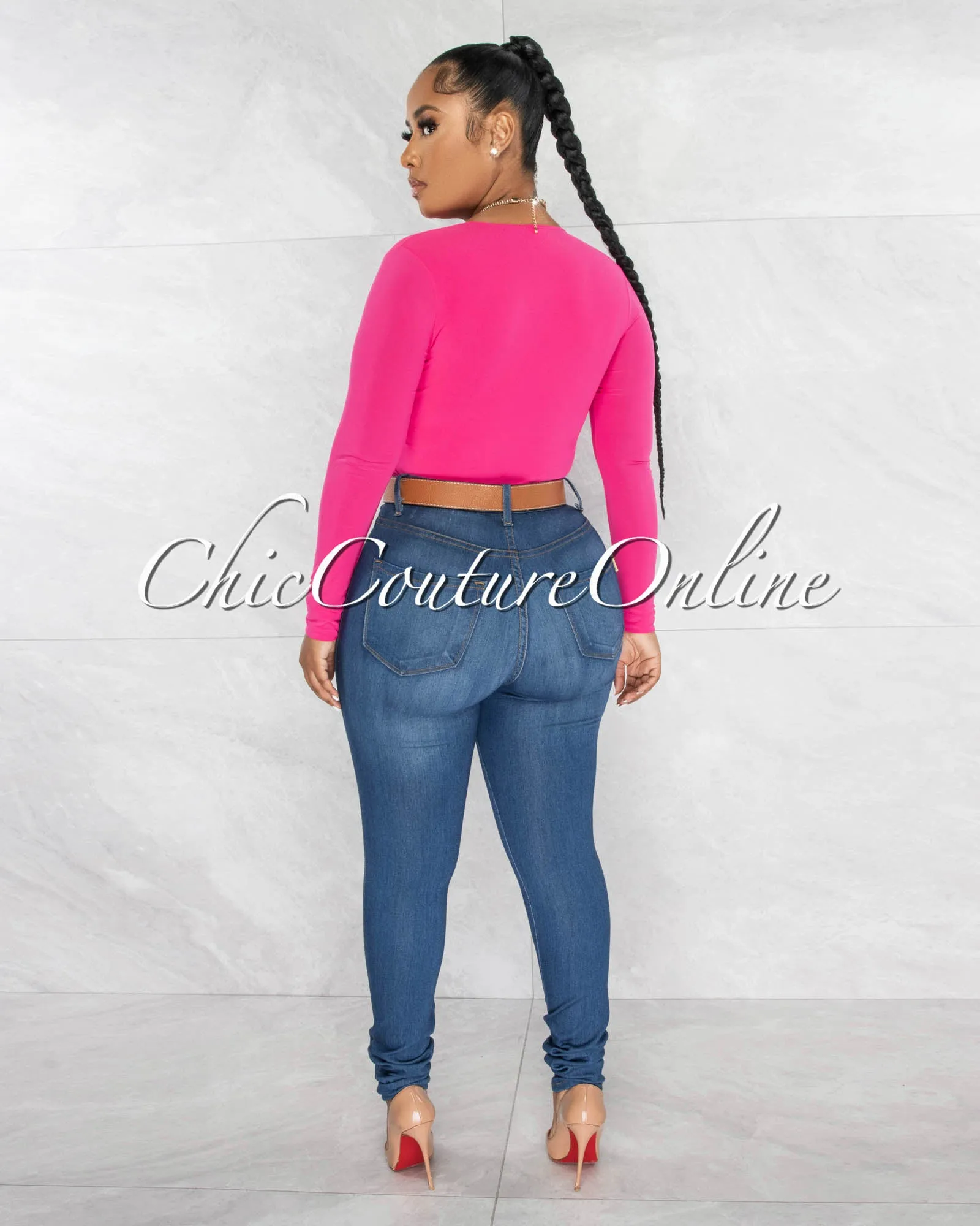 Nilam Fuchsia Deep V Neck Long Sleeves Bodysuit