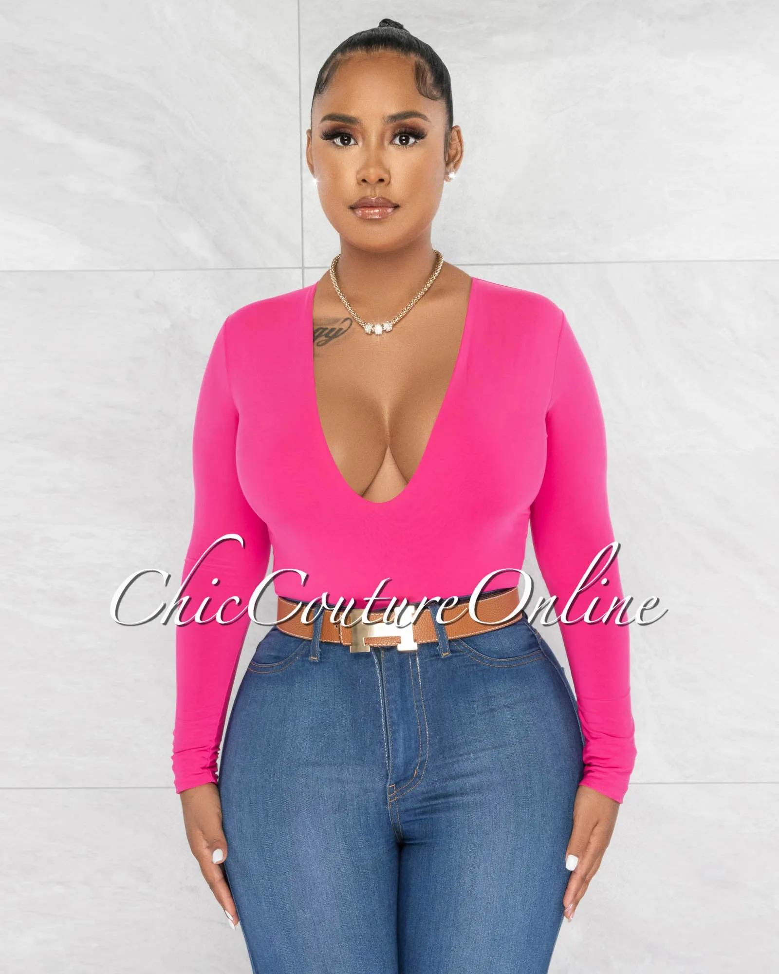 Nilam Fuchsia Deep V Neck Long Sleeves Bodysuit