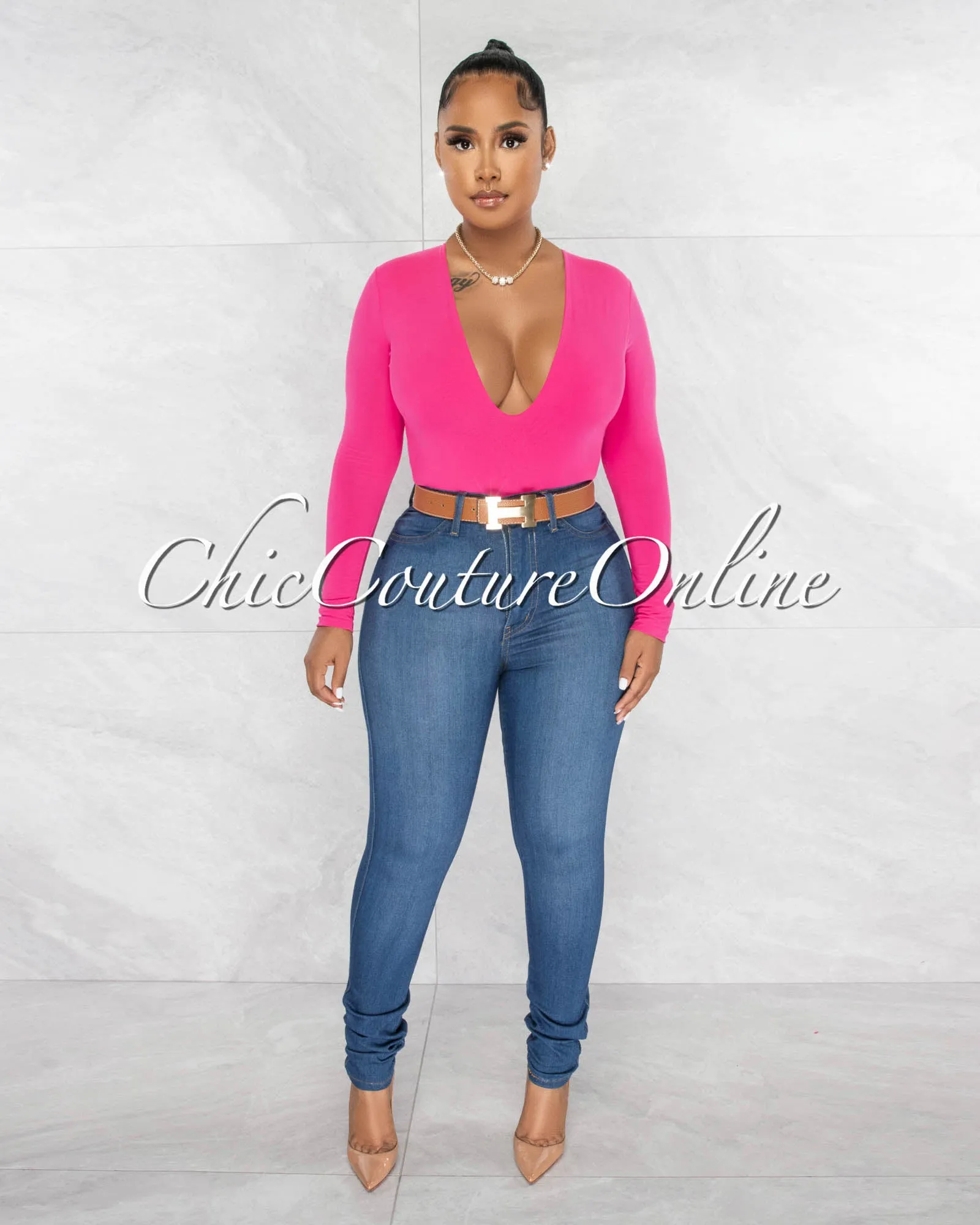 Nilam Fuchsia Deep V Neck Long Sleeves Bodysuit