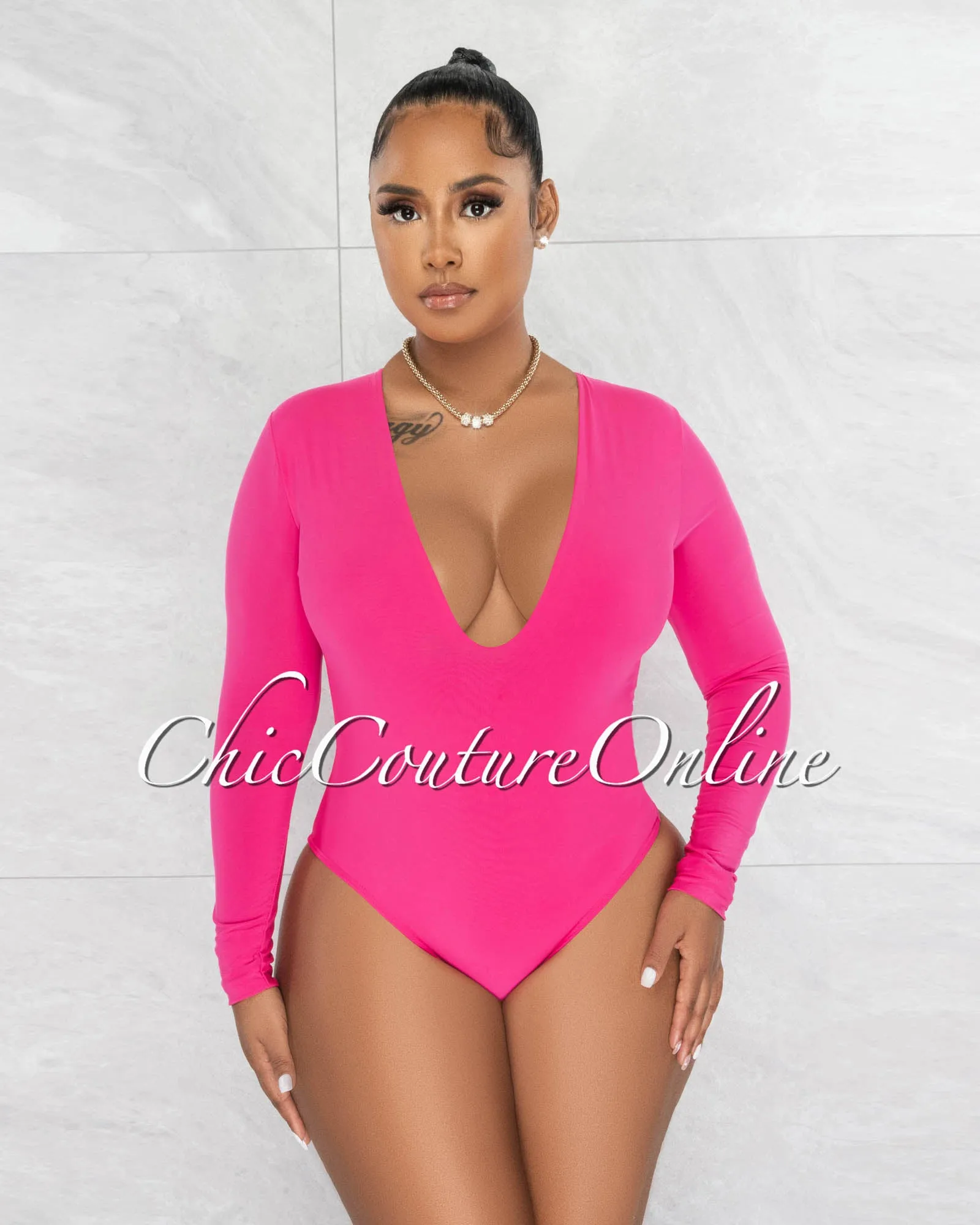 Nilam Fuchsia Deep V Neck Long Sleeves Bodysuit