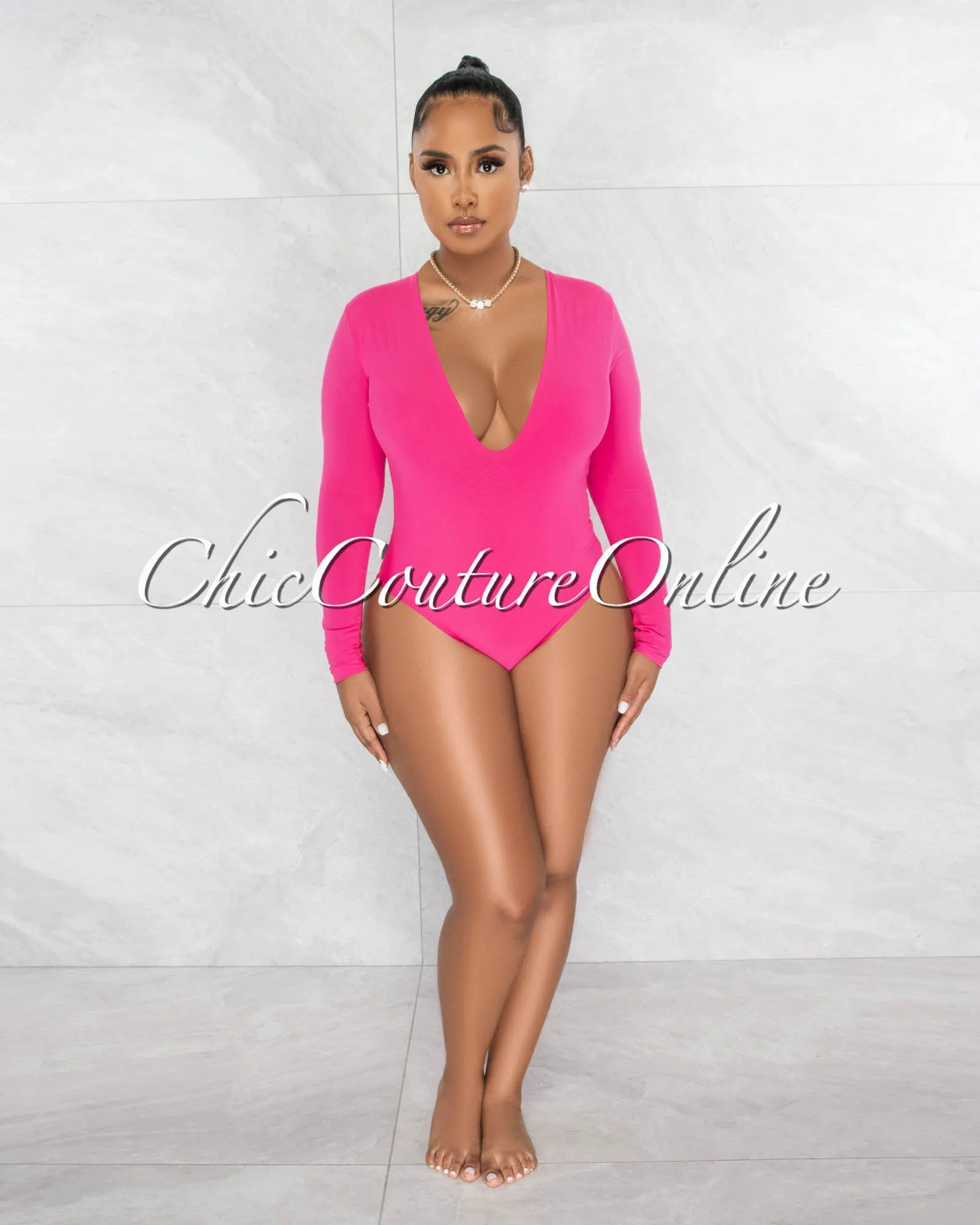 Nilam Fuchsia Deep V Neck Long Sleeves Bodysuit