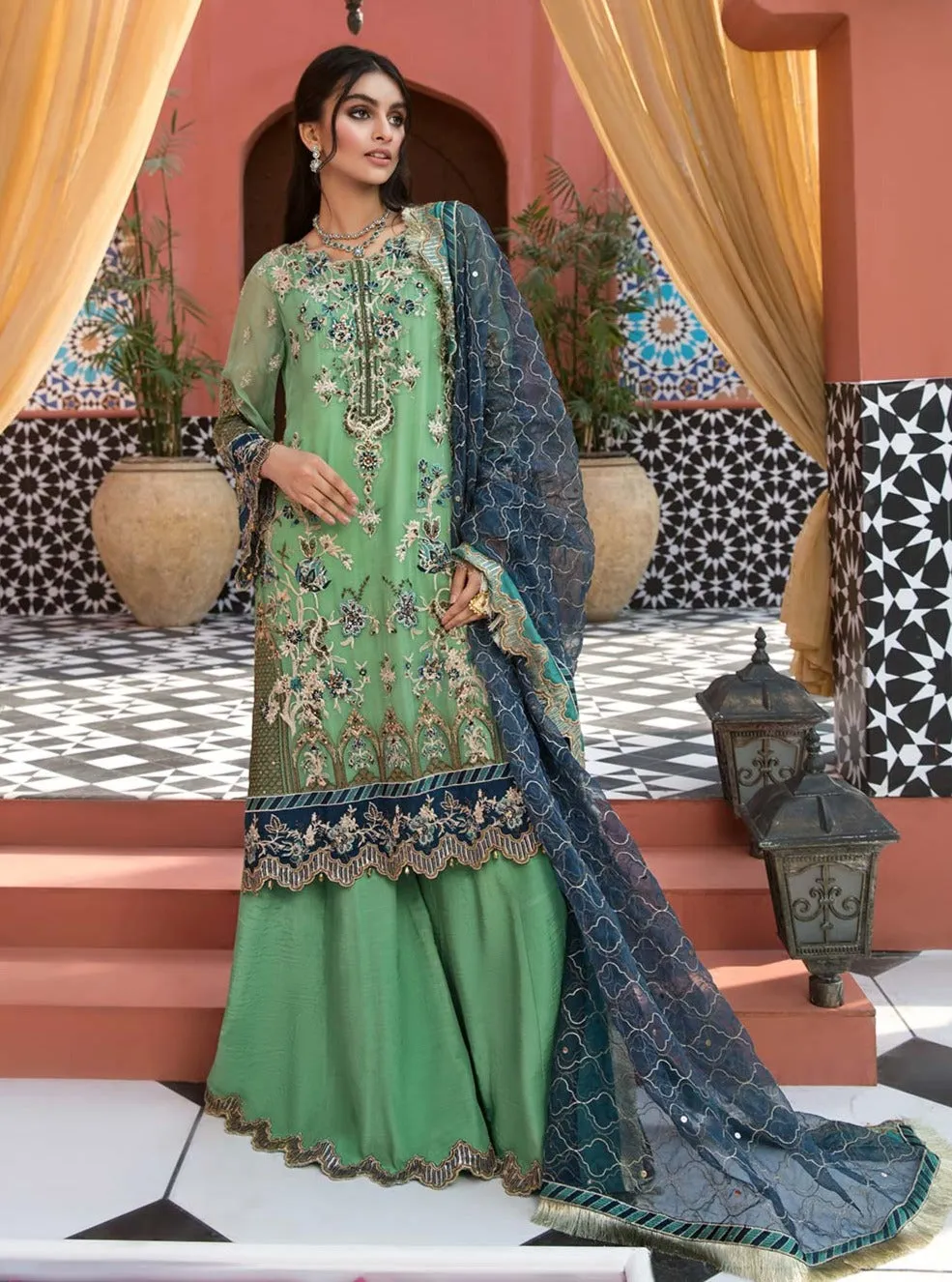 Pakistani Embroidered Short Shirt with Sharara #PS17