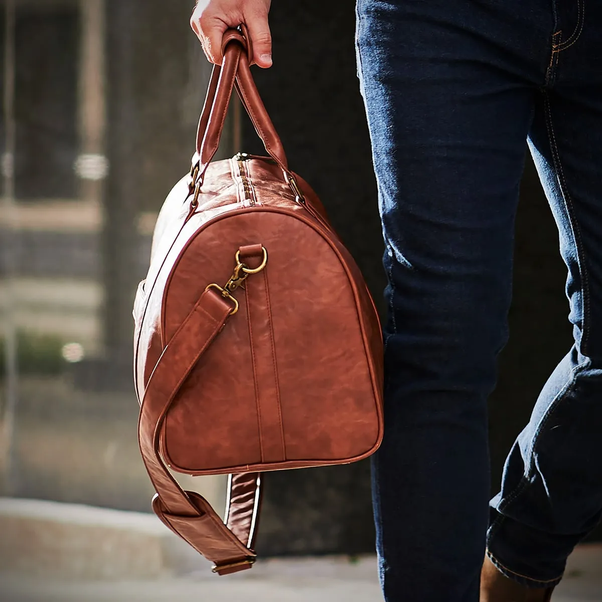 Personalized Theodore Mens Duffle Bag, Large Weekend Bag with Suitcase Strap Brown