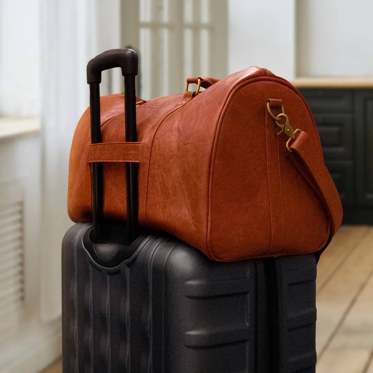 Personalized Theodore Mens Duffle Bag, Large Weekend Bag with Suitcase Strap Brown