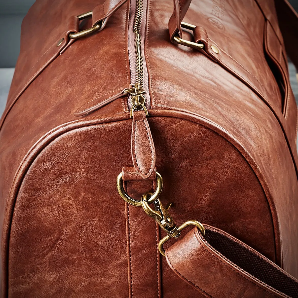 Personalized Theodore Mens Duffle Bag, Large Weekend Bag with Suitcase Strap Brown