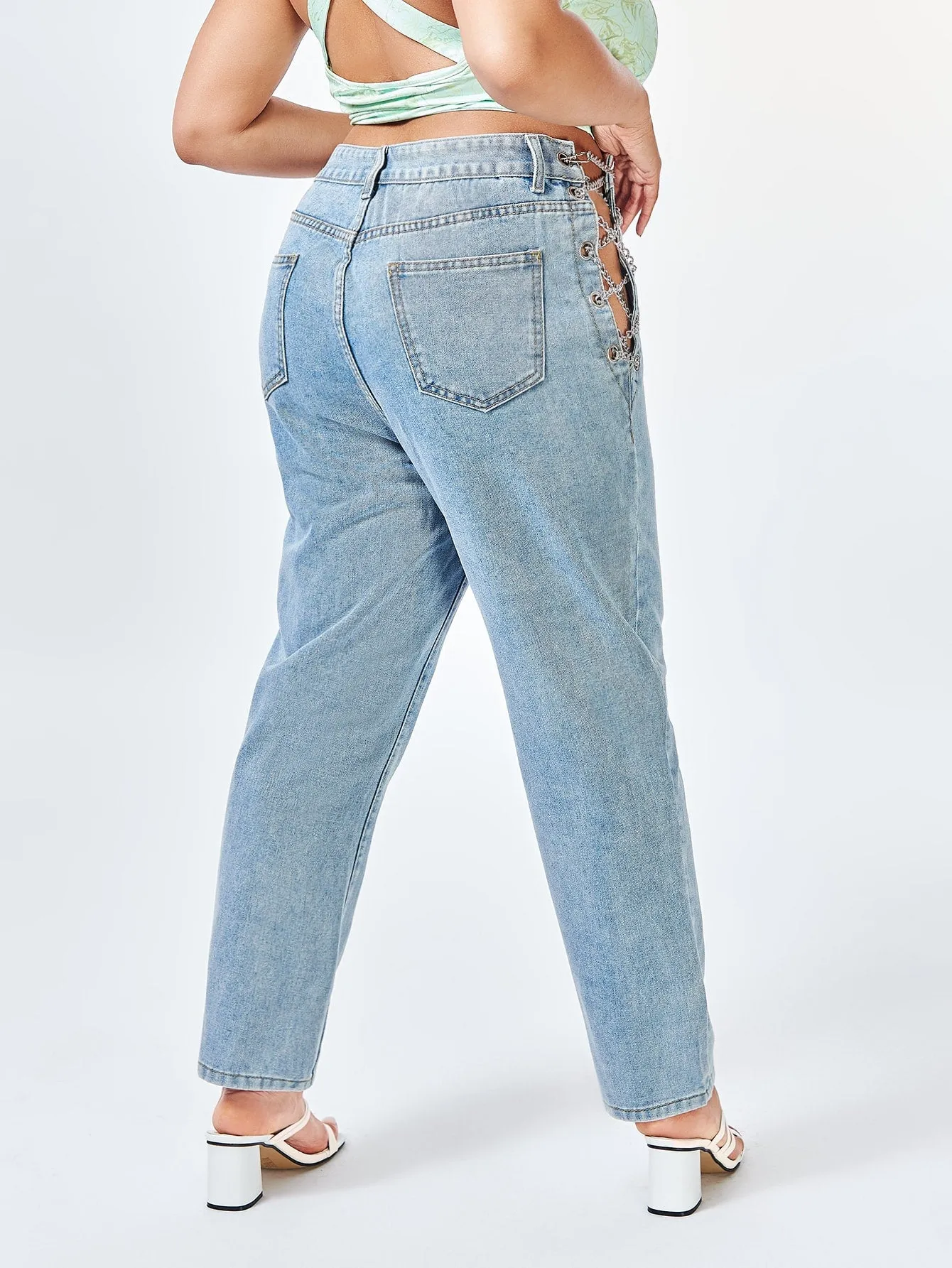 Plain Grommet Eyelet Natural Long Plus Size Jeans