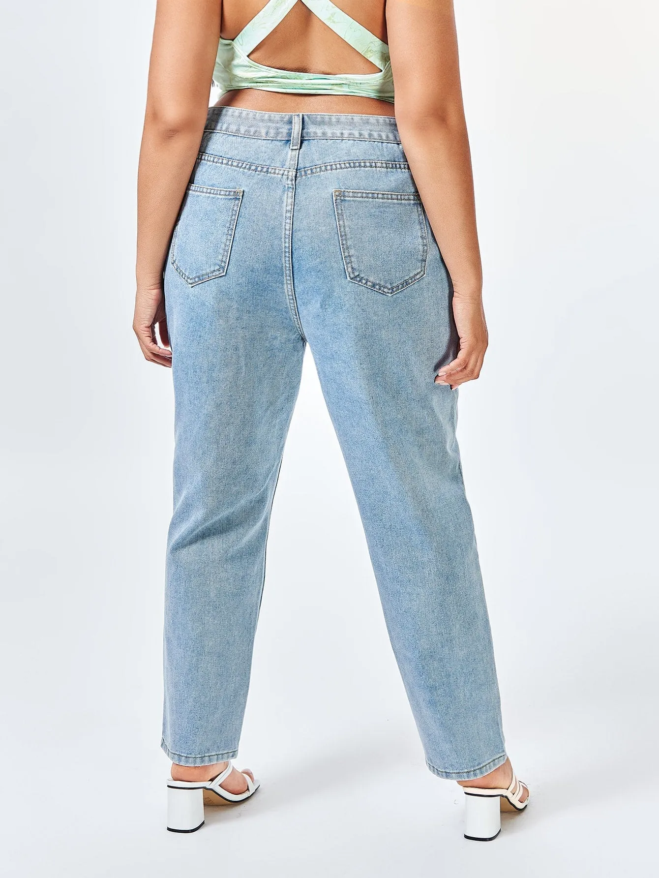 Plain Grommet Eyelet Natural Long Plus Size Jeans