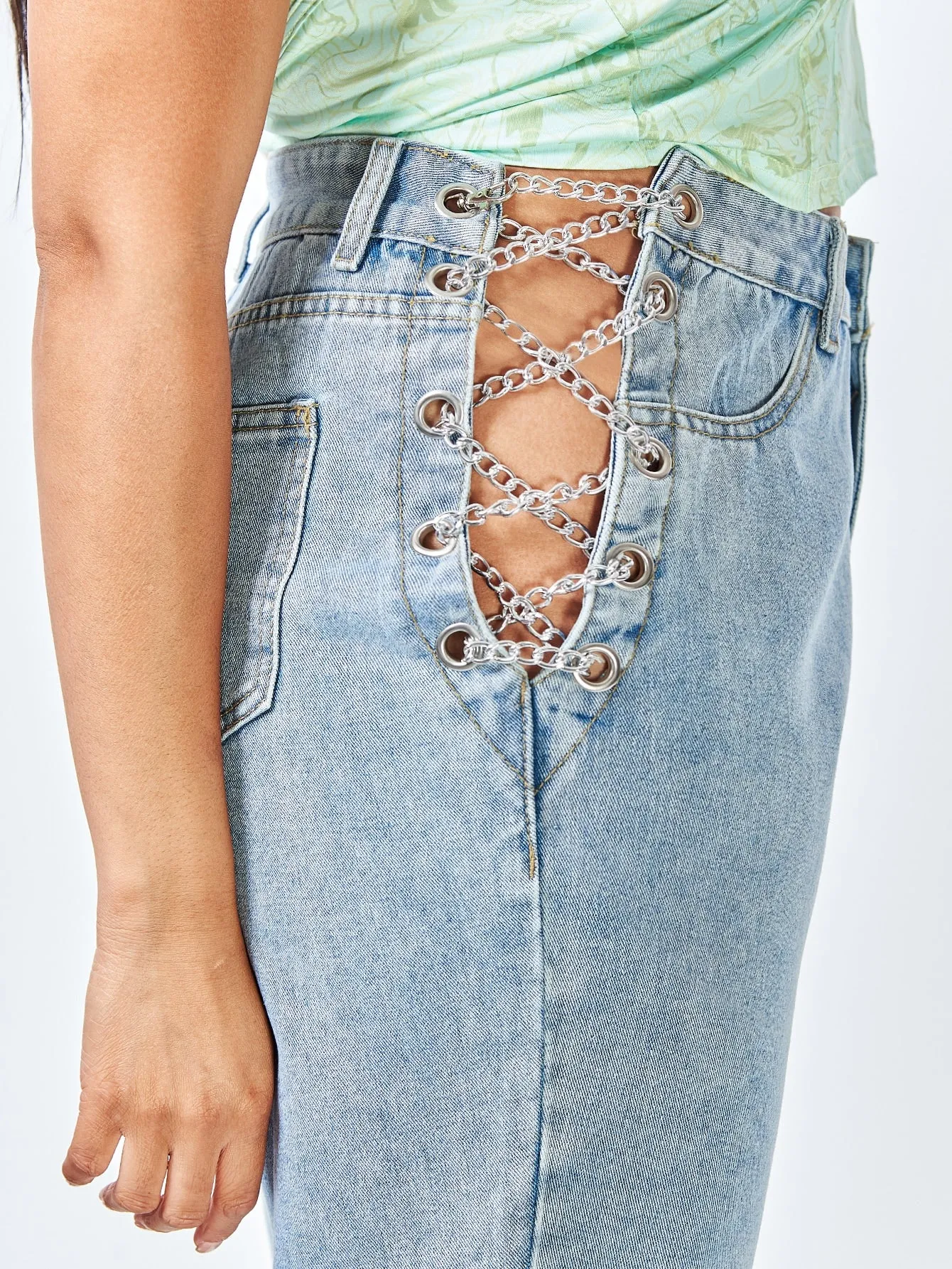 Plain Grommet Eyelet Natural Long Plus Size Jeans