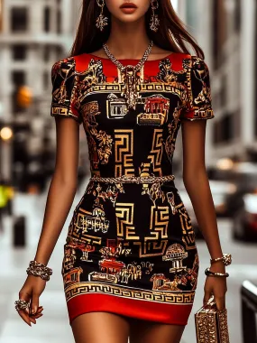 Retro Round Neck Baroque Pattern Belt Bodycon