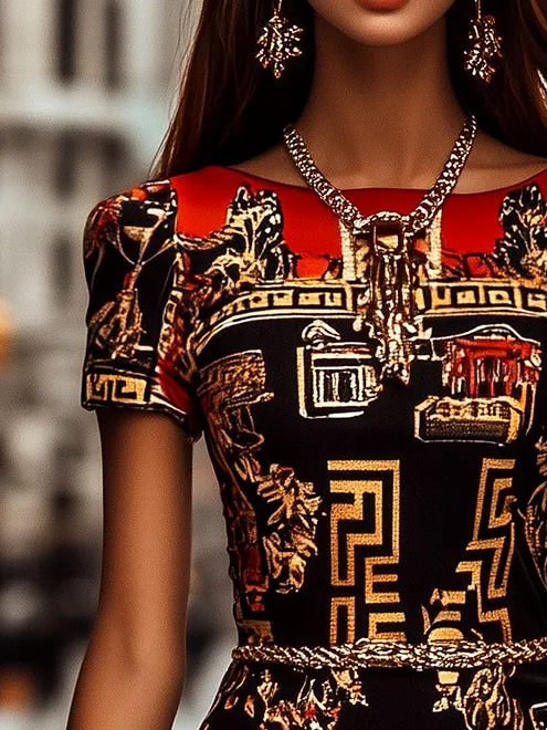 Retro Round Neck Baroque Pattern Belt Bodycon