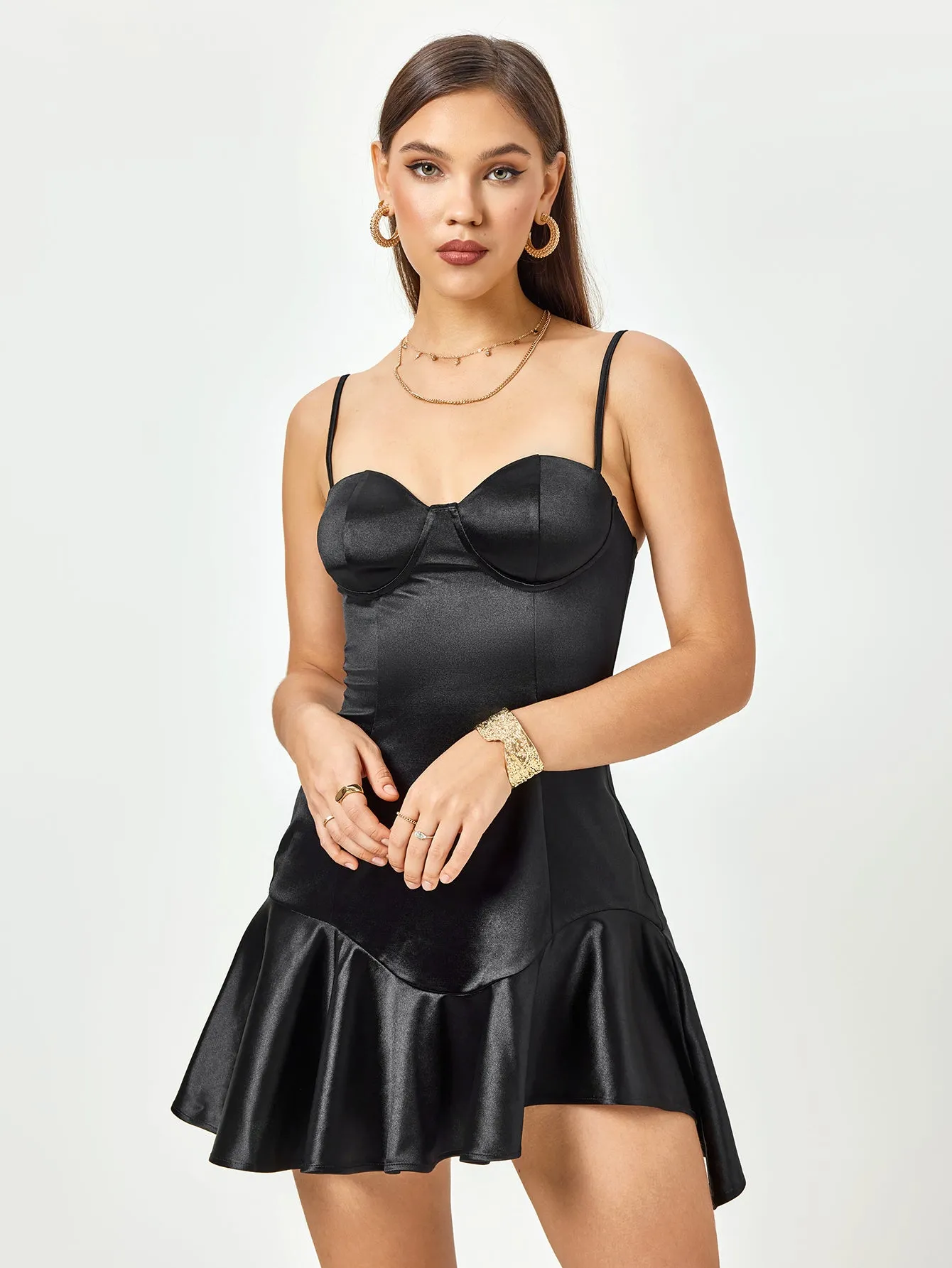 Satin Corset Zipper Asymmetrical Hem Mini Dress