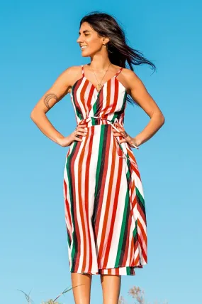 Stripe V-neck Wrap Midi Dress