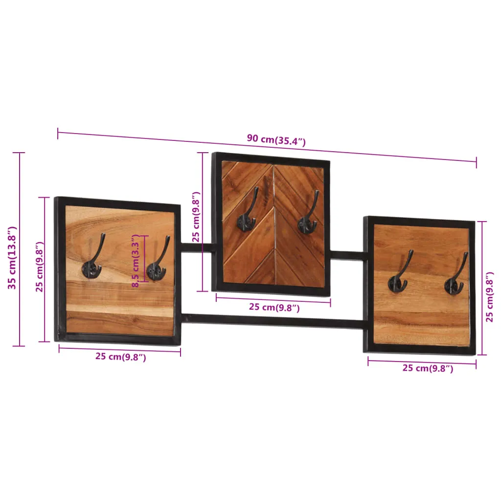 vidaXL Wall Coat Rack 90x1x35 cm Solid Wood Acacia and Iron