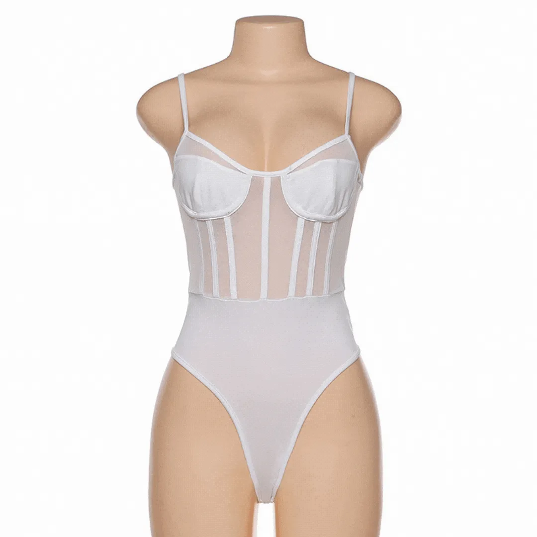 White Underwire Spaghetti Straps Mesh Bodysuit