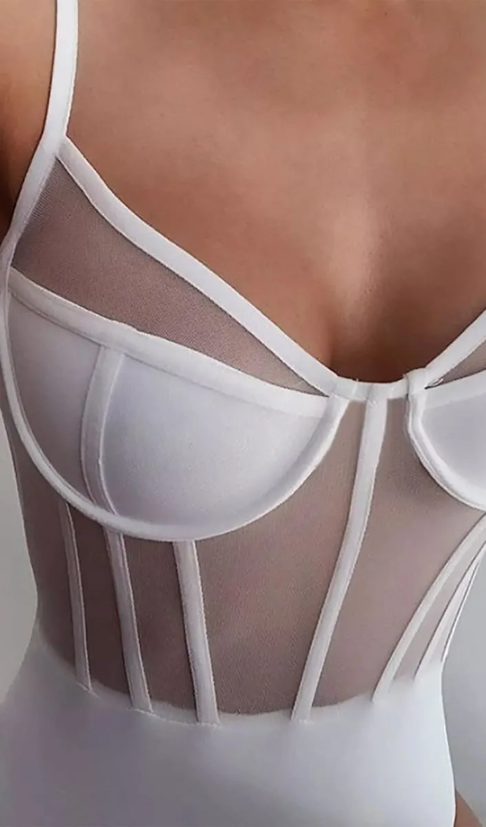 White Underwire Spaghetti Straps Mesh Bodysuit